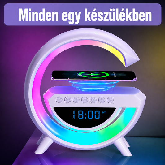 4 az 1-ben Smart LED RGB Lámpa – Diffúzor, Vezeték Nélküli Töltő és Ébresztőóra