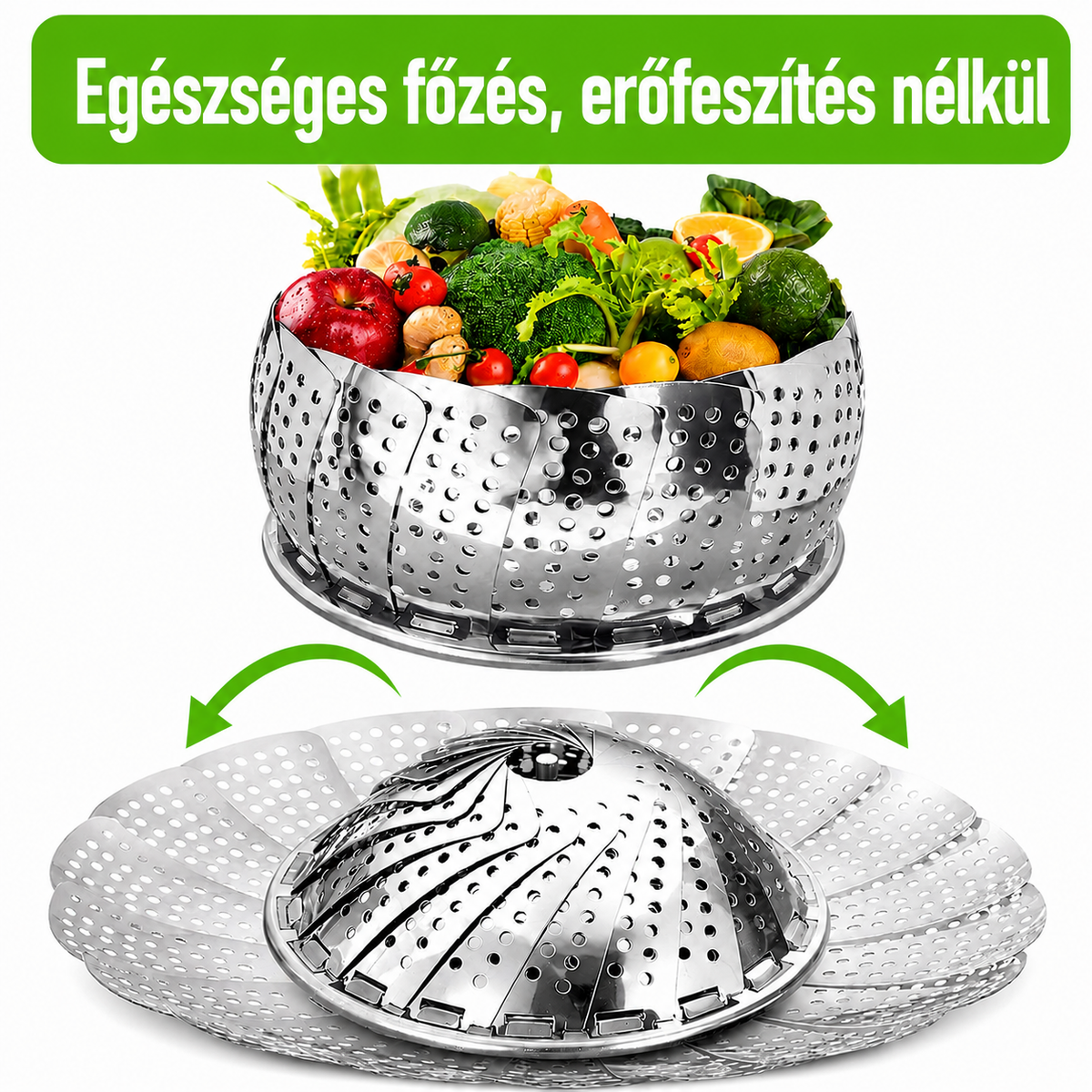 Főzz egészségesen olaj nélkül – összecsukható rozsdamentes acél pároló betét